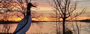 The world's largest loon statue at sunset on Long Lake